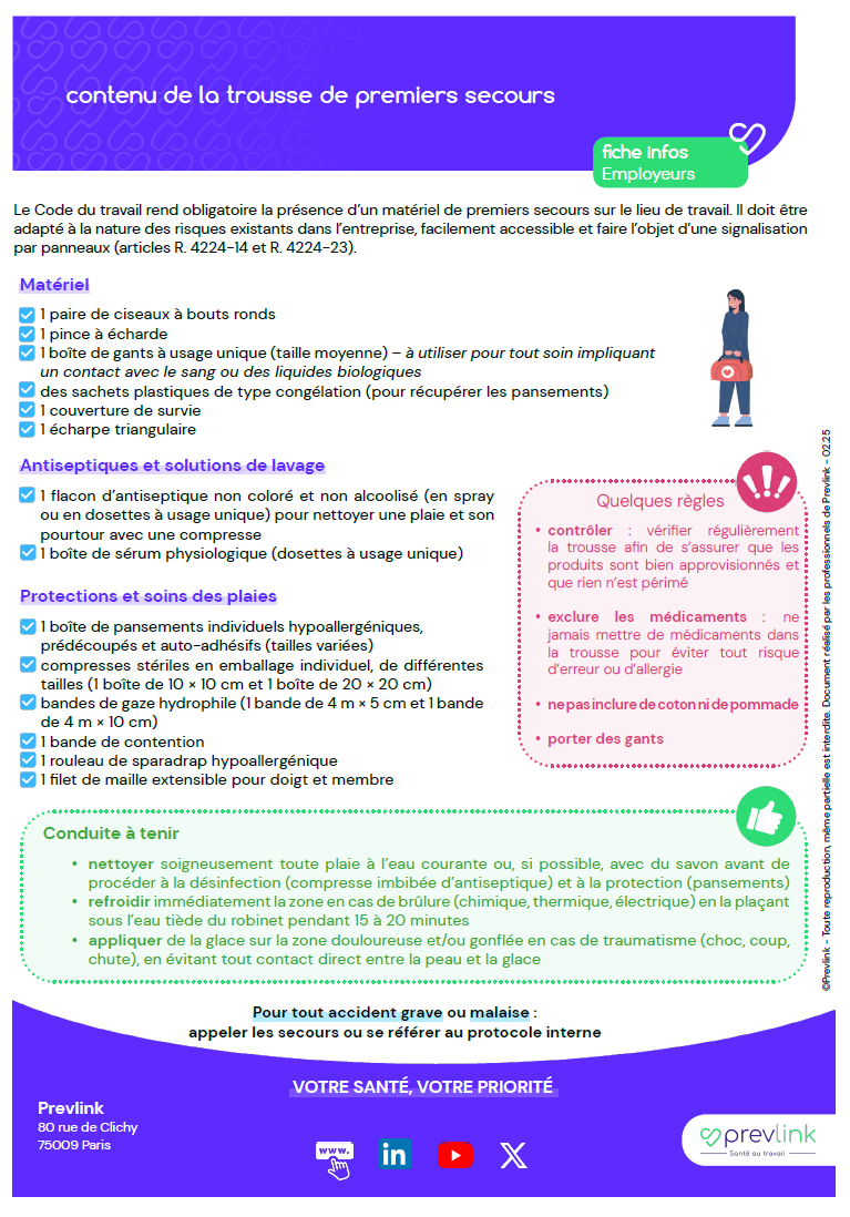 Contenu de la trousse de premiers secours